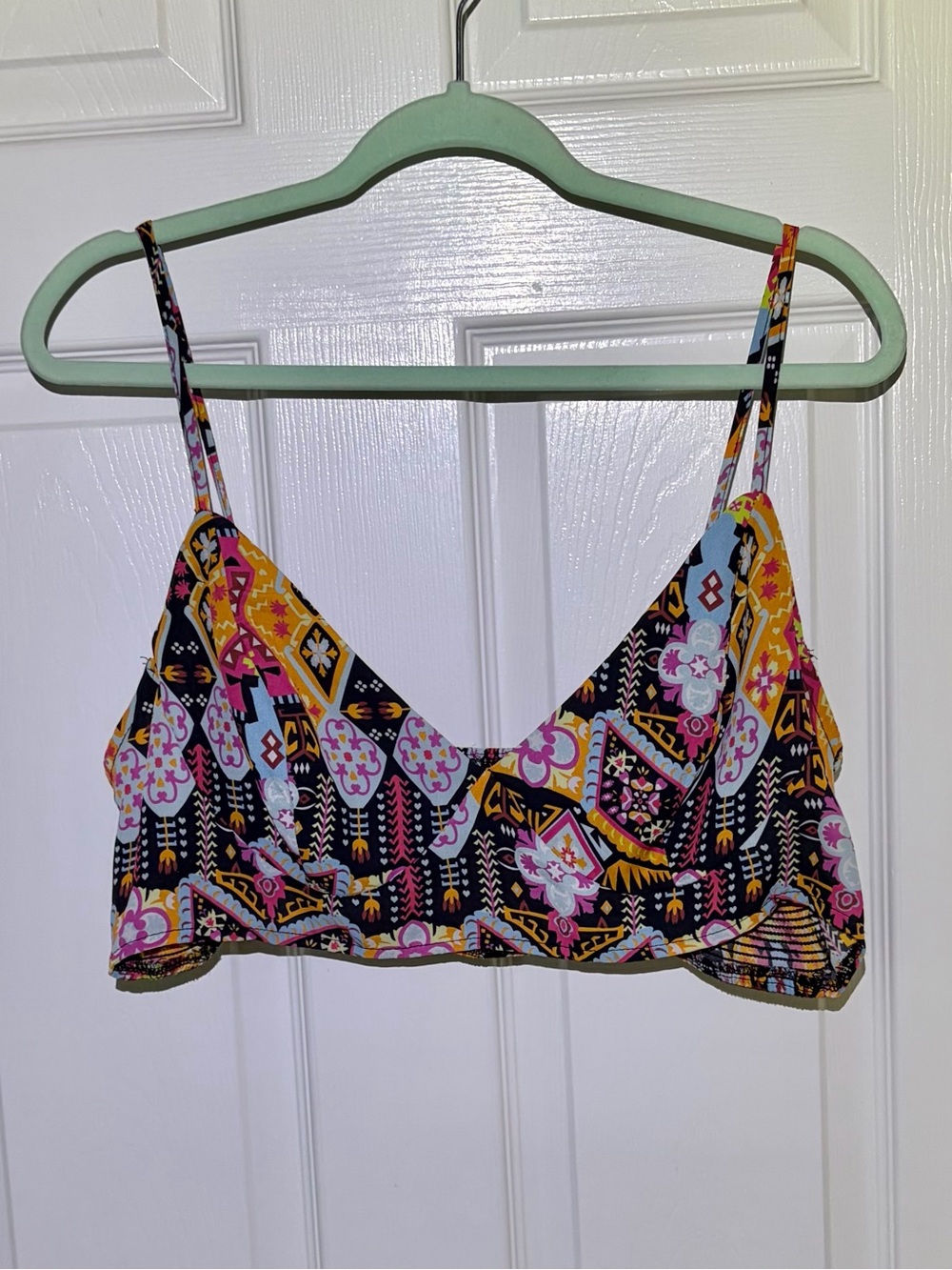 Vibrant Floral Geometric Sexy Crop Top With Elastic Ruched Back. Fits XL to 2X